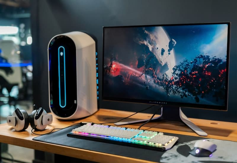 Illustration d une configuration PC gamer orientée 1440p avec écran et tour RGB