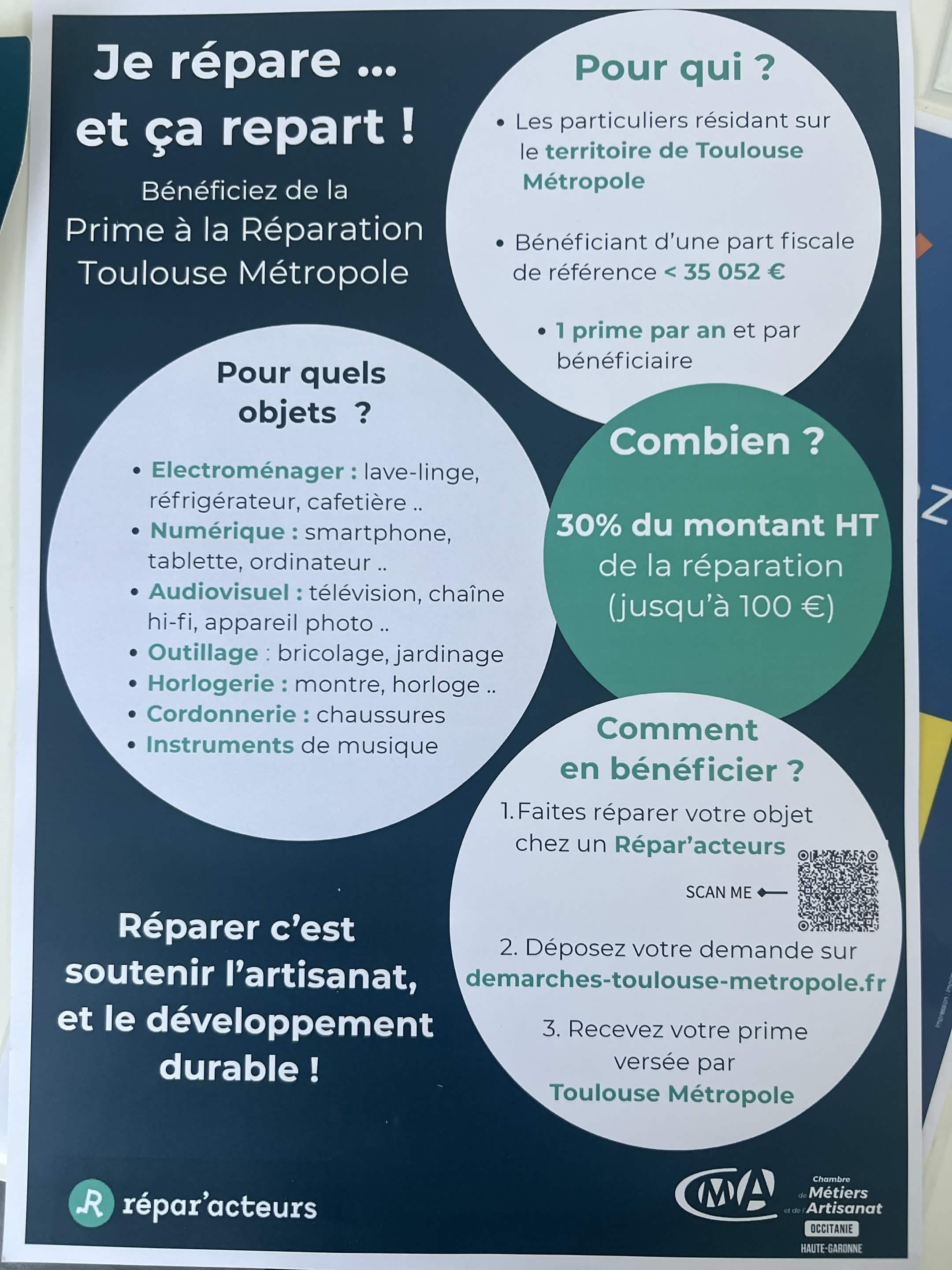 Flyer officiel de la prime à la réparation Toulouse Métropole : conditions, objets éligibles dont l'ordinateur, montant 30 % jusqu'à 100 € chez un Répar'acteur.